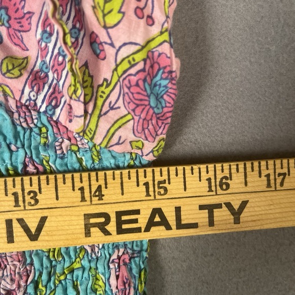 Islapayal Paris Midi Dress Womens Medium Teal Floral Smocked Off The Shoulder - Picture 7 of 8